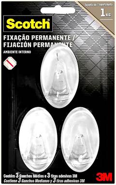 GANCHO ADESIVO PARA UTENSÍLIOS SCOTCH MÉDIO TRANSPARENTE COM 3 UNID. HB004684328 3M